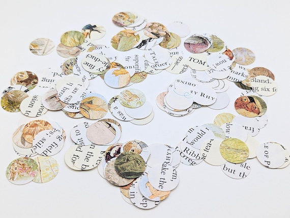 5/8" Beatrix Potter confetti, recycled book pages, Peter Rabbit, book theme baby shower, storybook decorations, junk ournal embellishment