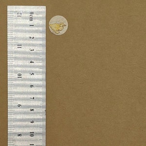 May include: A small, round sticker with a yellow duck illustration. The sticker is on a brown surface next to a ruler with centimeter markings. The duck is facing left and has a detailed design.