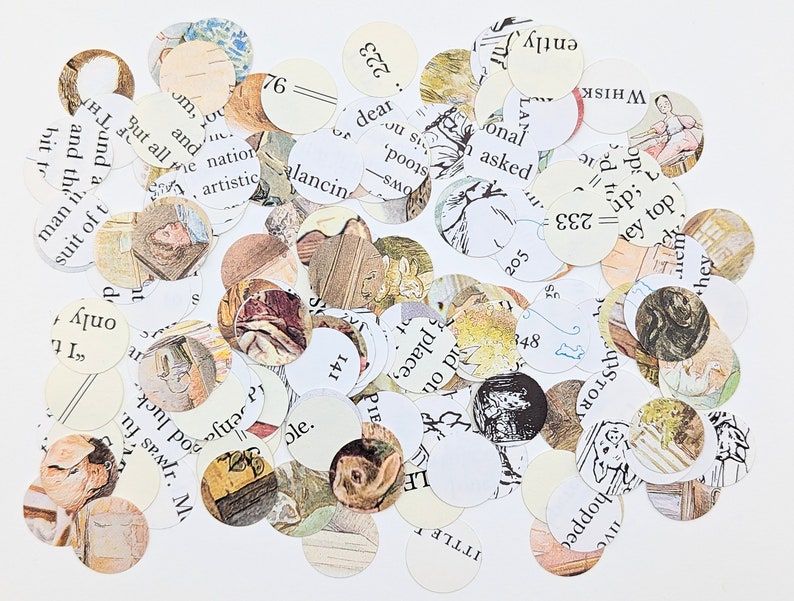 May include: A collection of circular paper cutouts featuring illustrations and text from a vintage book. The circles vary in size and display images of rabbits, people, and text fragments. The color palette includes beige, brown, and white.