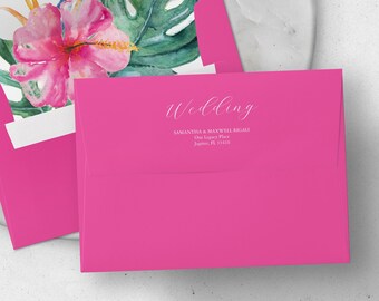 Fuchsia Custom Wedding Envelopes Return Address Vibrant Pink Hibiscus Flower Tropical Monstera Leaves