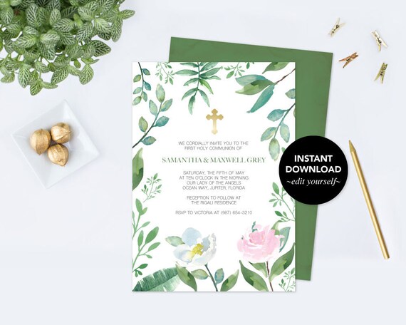 BAPTISM INVITATION, Greenery BAPTISM Invite, Greenery First Communion, Twin Invitation, Editable Template First Communion Invite, Baptism Il_570xn