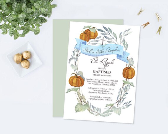 LEAVES BAPTISM INVITATION Template, Fall Pumpkin Boy Baptism Invitation Template pdf, Baptism Invitations, Printable Invitation diy Acrobat Il_570xn