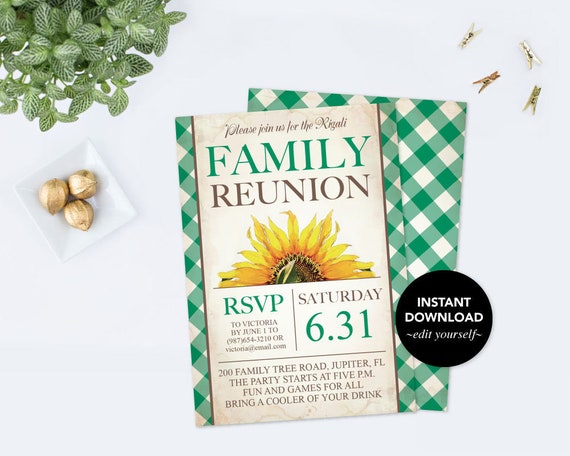 Instant Download, Family Reunion Invite, Sunflower, Printable, Editable Invitation, Family Picnic Party, Digital Editable, BBQ Summer Party Il_570xn