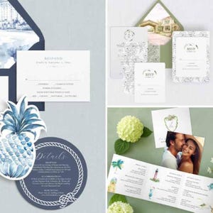 May include: Wedding invitation suite with a nautical theme. Includes a pineapple-shaped accent, a round card with "Details" text, and response cards. The color scheme is primarily blue and white, with watercolor-style illustrations.