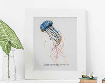 Tropical Watercolor Jellyfish Motivational Print, High Quality 11x14 Inch Geclee, Beach House Decor and Gift Ideas