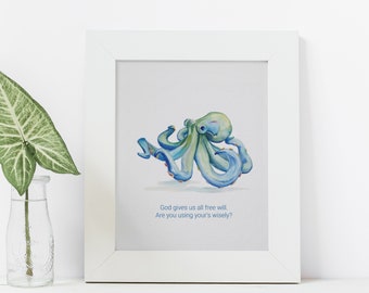 Charming Inspirational Watercolor Blue Octopus Geclee Print 16 x 20 Inches, Beach House Decor and Gift Ideas