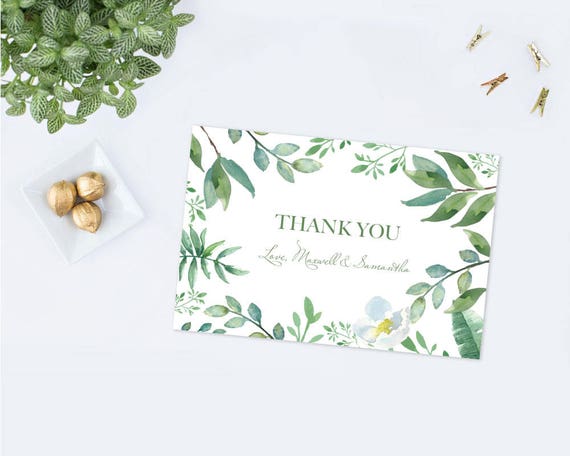 Printable Greenery Thank You Template Card, Instant Download Printable PDF, Green, Blue, Wedding Thank You, Thank You's, Bridal Shower, Note Il_570xn