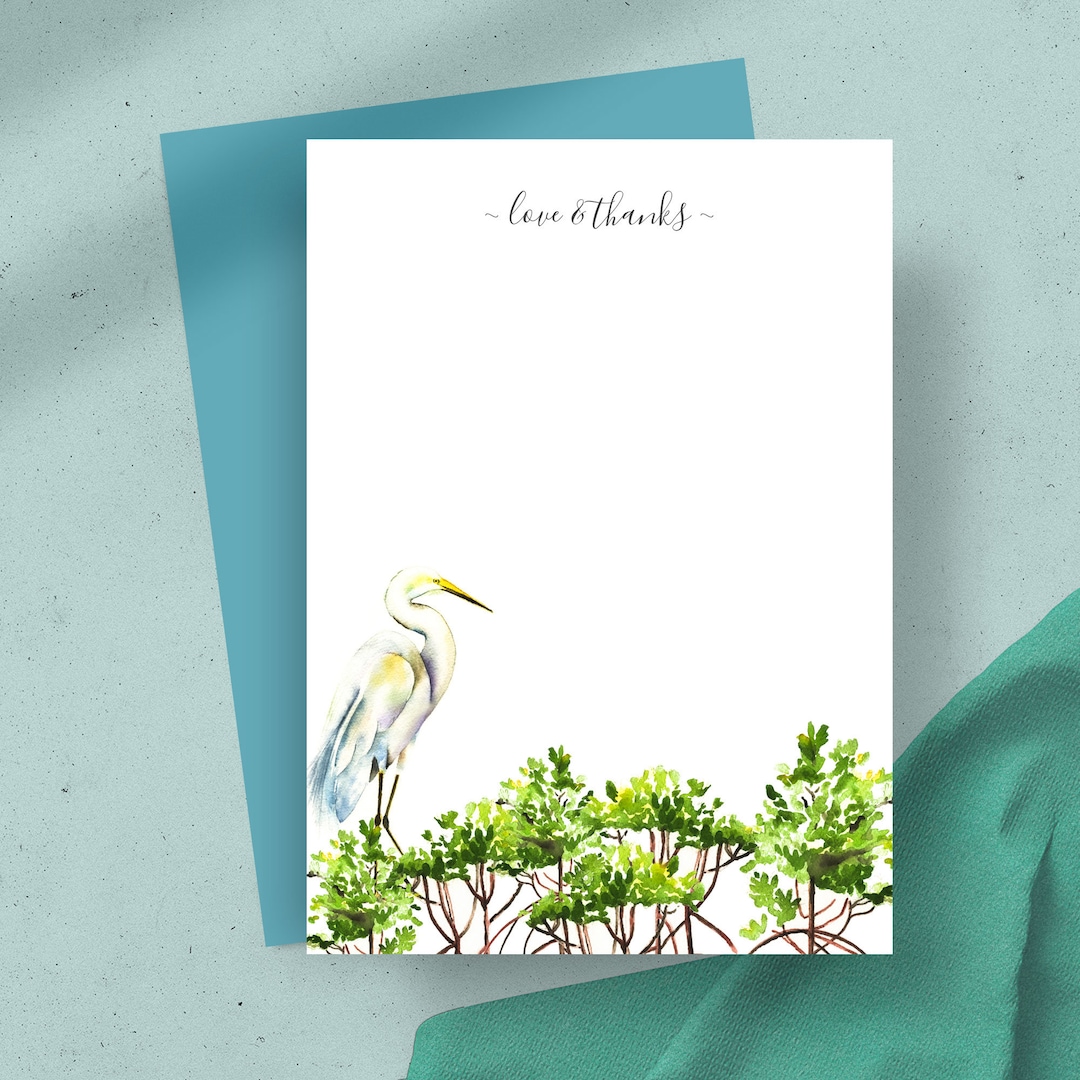Thank You Note Card Tropical Watercolor Great White Heron Bird and ...