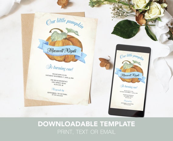 Boy OUR LITTLE PUMPKIN Birthday Invitations, Fall First Birthday Editable Corjl Template, Printable or make your own evite Il_570xn