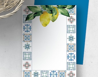 Note Cards Watercolor Lemons Tuscan Blue Tile Boarder