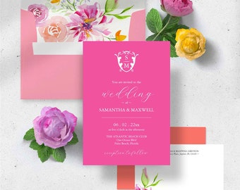 Monogram Wedding Invitations and Floral Stationery Theme Vibrant Pink With Watercolor Pink and Orange Flowers Full Maximalist Suite