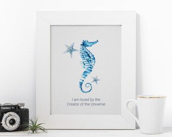 Blue Tropical Watercolor Seahorse Inspirational Poster, Motivational Print Makes a Great Gift, Beach House Decor and Gift Ideas