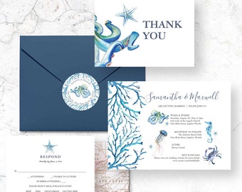 Beach Destination Wedding Invitations and Stationery Theme Blue Watercolor Octopus Starfish Sea Creatures Full Suite