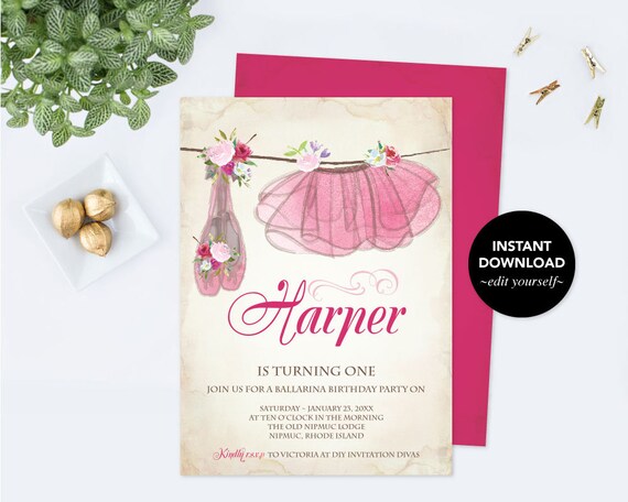 Ballerina Birthday Invitation, Ballerina Birthday, Ballerina Party, DIY Invitations, Editable Template Birthday Invitation, Invitation Il_570xn