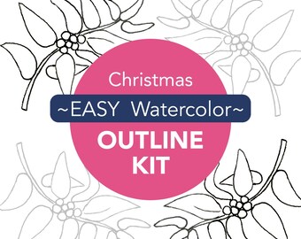 Pode incluir: Um fundo branco apresenta quatro desenhos de contorno de ramos de azevinho com bagas. Um círculo rosa com o texto "Christmas ~EASY Watercolor~ OUTLINE KIT" está no centro.