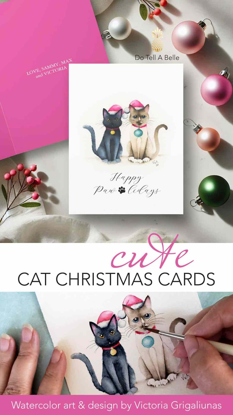 Cat Christmas Cards: Watercolor Siamese & Black Cat Holiday Greeting - Etsy