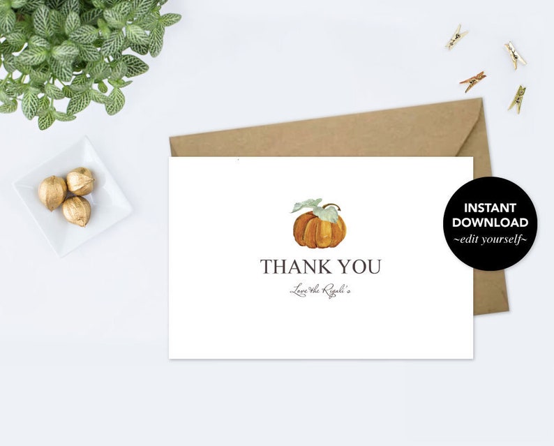 Fall Thank You Card Wedding Thanksgiving Autumn Thank You Card Pumpkin Greeting Card Baby Shower Bridal Shower Fall Stationery