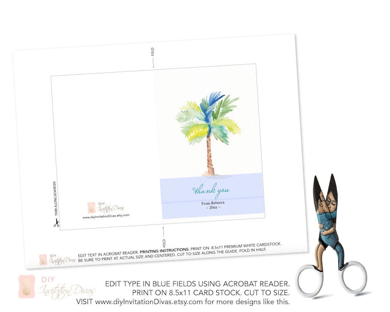 Thank You Template Card Downloadable DIY Instant Download Custom Watercolor Palm Tree Cards Wedding Thank Yous Printable Thank You Note
