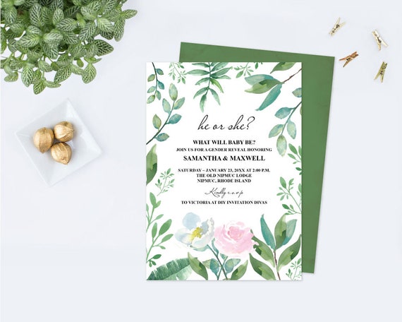GENDER REVEAL INVITATION, Gender Reveal Party, Greenery Gender Reveal, Instant Download Self Editable pdf file, Gender Neutral, Twins Invite Il_570xn
