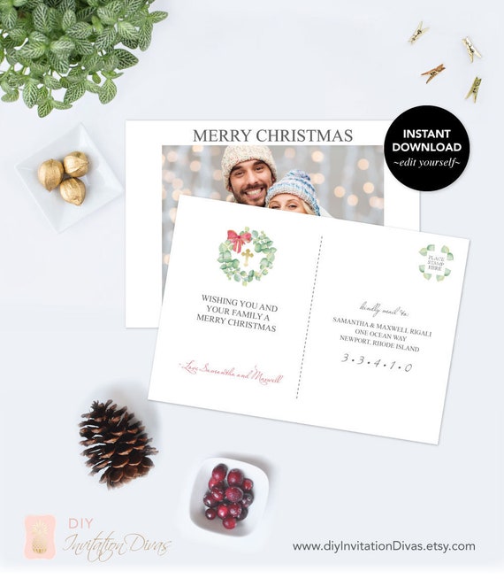 Instant Download Photo Christmas Card Printable, Personalized Custom Holiday Cards, Downloadable Template, Rustic, Elopement Printable PDF Il_570xn