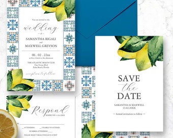 Italy Destination Wedding Invitations and Stationery Theme Amalfi Tile and Watercolor Lemons in shades of Yellow Blue and Green