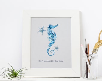 Blue Tropical Watercolor Seahorse Inspirational Geclee Print, Motivational Poster Makes a Great Gift, Beach House Decor and Gift Ideas