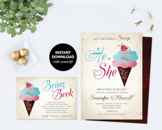 Baby Shower Bundle, Ice Cream GENDER REVEAL INVITATION, Gender Reveal Ideas, Instant Download, pdf Digital, Invitation, Book For Baby Il_570xn