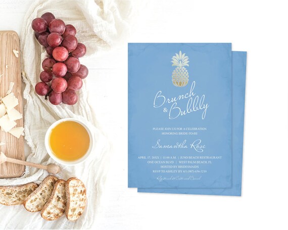 Downloadable Brunch and Bubbly Shower Invitation, Acrobat Reader Template, Pineapple Party Invite, Tropical Party, Wedding Shower, Bridal Il_570xn