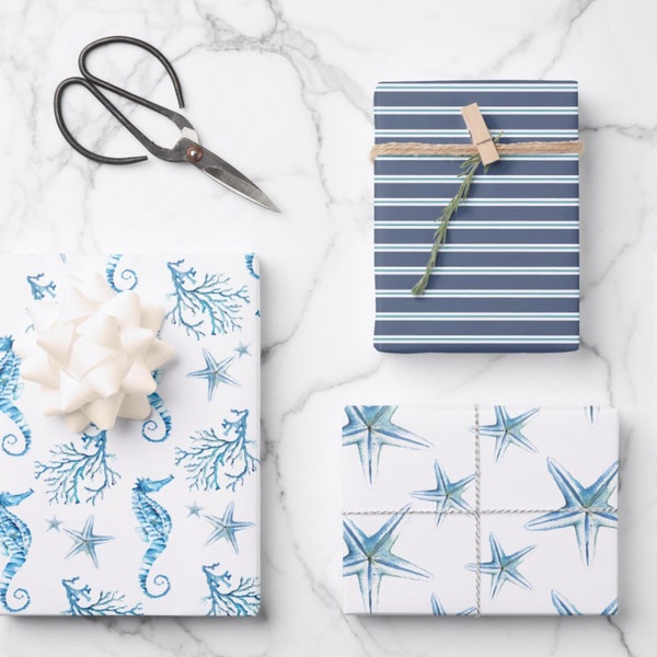 Wrapping Paper Sheets Watercolor Coastal Seahorse Sea Coral Starfish and Strips in Blue Variety 19 inches x 29 inches