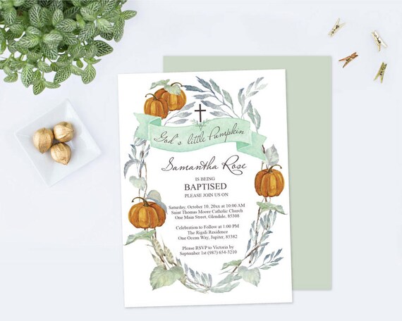 INVITATION TEMPLATE BAPTISM, Fall Pumpkin Baptism Invitation Template pdf, Baptism Invitations, Greenery Invitation Baptism diy Acrobat Edit Il_570xn