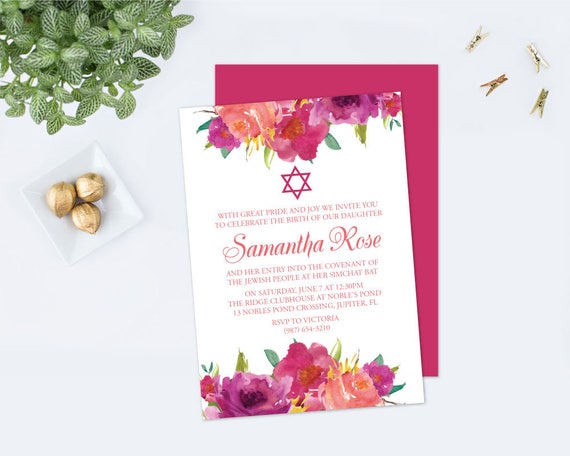 Girl's Naming Day Invite, Editable Text, Pink Flowers, Floral, Printable, Star of David Invite, Bart Mitzvah Invitation, Naming Day Invite Il_570xn