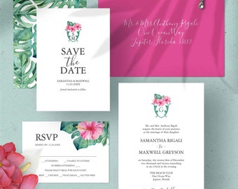 Tropical Destination Wedding Invitations and Stationery Theme Vibrant Pink Hibiscus Flowers and Green Monstera Palm Leaves Full Suite