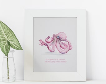 Charming Inspirational Watercolor Octopus Print, Great Motivational Gift for Girl, 16x20 Inch Geclee, Beach House Decor and Gift Ideas