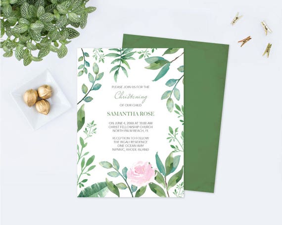 Editable Text GREENERY CHRISTENING INVITATION, Greenery First Communion, Girls Christening pdf Invites Leaf Editable Template Invite Pink Il_570xn