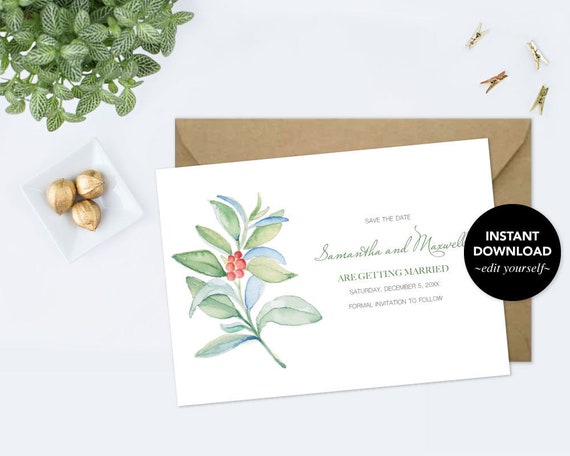 SAVE THE DATE Template Christmas, Rustic Christian Wedding Announcement, Editable pdf, Winter Wedding, Watercolor, diy Instant Download, Il_570xn
