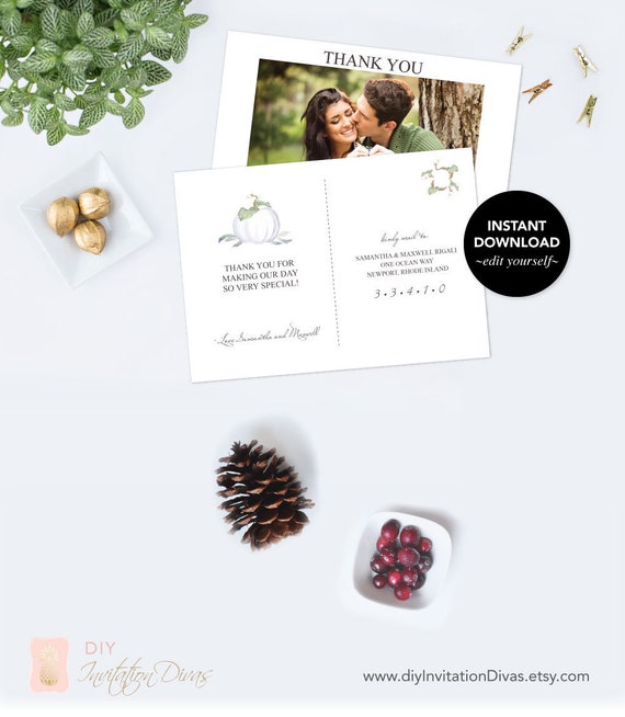 Instant Download Thank You Template Card, Wedding, Editable pdf, Winter Wedding, Picture, Photo Postcard, Rustic White Pumpkin, Notes, DIY Il_570xn