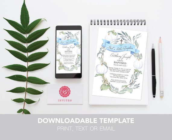 BAPTISM INVITATION BOY, eVite or Invitation Download, Fall White Pumpkin Template pdf, Printable Corjl Instant Download Il_570xn
