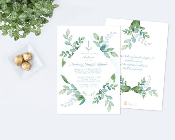 boys baptism invitation greenery