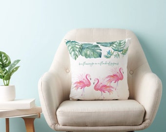 Tropical Pink Flamingo Monstera Leaves Watercolor Throw Pillow, Beach House Decor and Gift Ideas