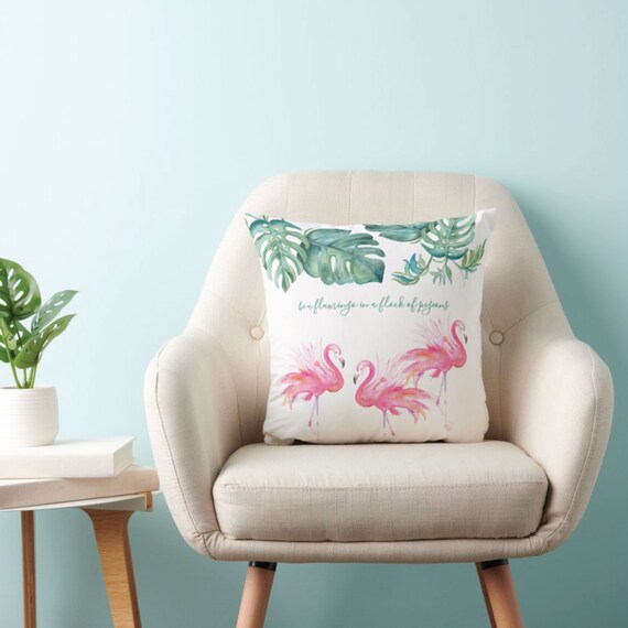 Tropical Pink Flamingo Monstera Leaves Watercolor Throw Pillow, Beach House Decor and Gift Ideas Il_570xn
