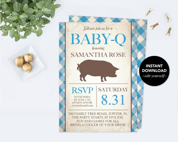 BABY Boy SHOWER INVITATION, Boy Baby Q Invitation, Couples Baby Shower Invitation Boy, bbq Invitation, pdf, Editable, Checker Table Cloth Il_570xn