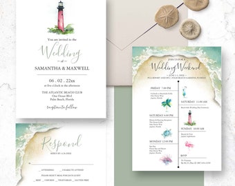 Beach Destination Wedding Invitations Theme With Watercolor Lighthouse and Shoreline Illustrated Wedding Weekend Invitation