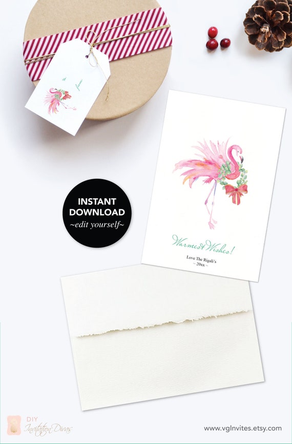 Free Gift Tag With Downloadable Holiday Card, Editable Text, Printable, Template, Watercolor Flamingo, Christmas Cards Set, Greeting Card Il_570xn