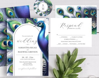 Watercolor Peacock Wedding Invitations and Stationery Theme Royal Blue Purple and Green Full Suite