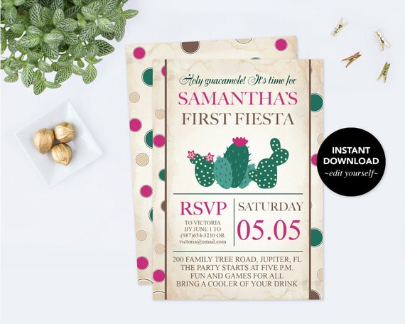 CACTUS INVITES PRINTABLE, Editable Cactus Birthday Party Invitation, Printable Mexican Birthday Invite, First Fiesta Invite, diy Download Il_570xn