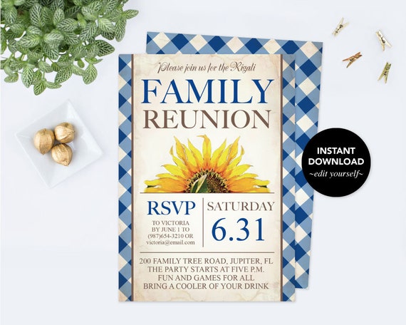 Sunflower Family Reunion Invite, Printable, Editable Invitation, Family Picnic, Instant Download, Digital Editable, Family BBQ Summer Party Il_570xn