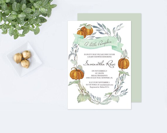 Instant Download Fall Greenery Baby Shower Invite, Editable Text Invite, LITTLE PUMPKIN Baby Shower Invites, Gender Neutral, Green Leaves Il_570xn