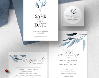 Dusty Blue Wedding Invitations and Stationery Theme Watercolor Botanical Leaves Full Suite