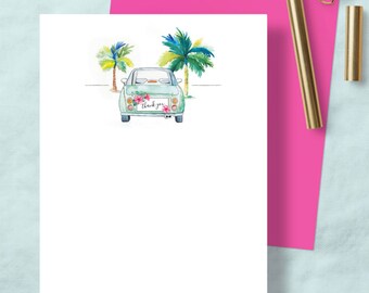 Thank You Note Card Tropical Watercolor Car Vibrant Fuchsia Pink Colorful Key West Florida Beach Inspired Art