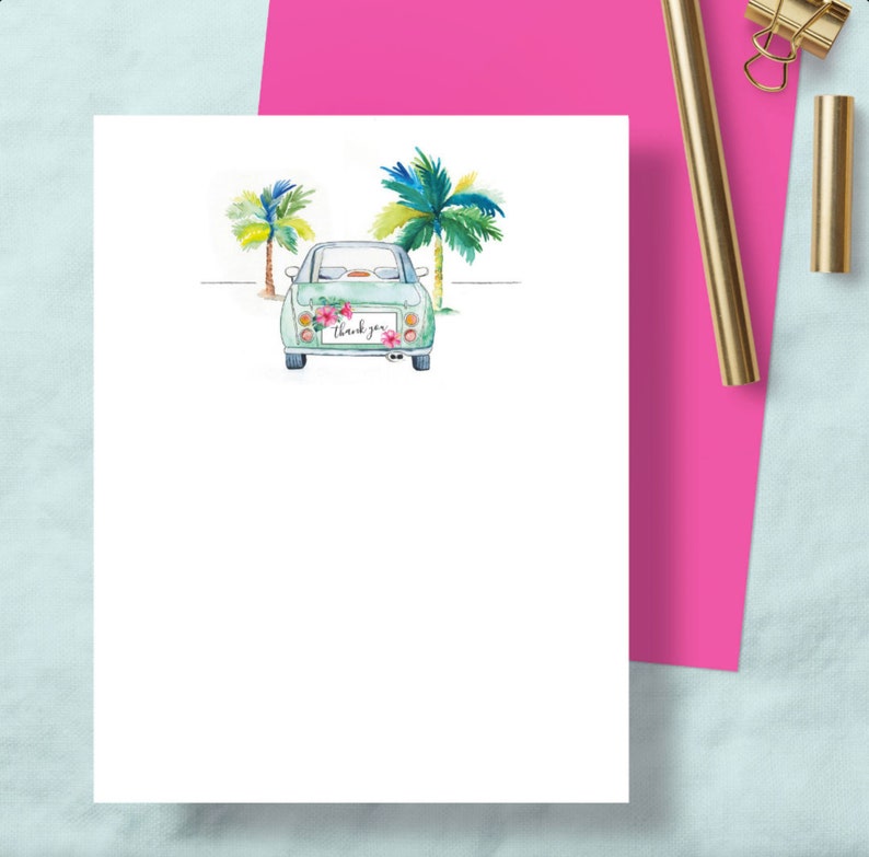 Thank You Note Card Tropical Watercolor Car Vibrant Fuchsia Pink Colorful Key West Florida Beach Inspired Art image 1